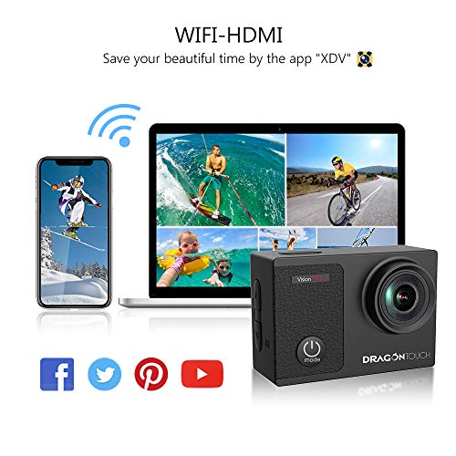 Dragon Touch Cámara Deportiva 4K 16MP WiFi Pantalla Táctil Cámara de Acción con Control Remoto 170°Gran Angular Cámara Sumergible Acuática 30m 2 Baterías y Kit de Accesorios(Vision 3 Pro)