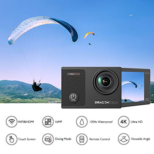 Dragon Touch Cámara Deportiva 4K 16MP WiFi Pantalla Táctil Cámara de Acción con Control Remoto 170°Gran Angular Cámara Sumergible Acuática 30m 2 Baterías y Kit de Accesorios(Vision 3 Pro)