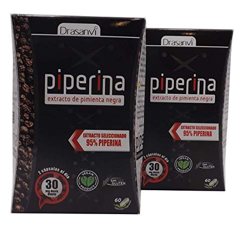 Drasanvi Piperina Forte 60 cápsulas, formulado con un 95% de extracto de pimienta negra. Promueve la pérdida de peso rápidamente Productos con poderosos efectos para quemar grasa (termogénicos).