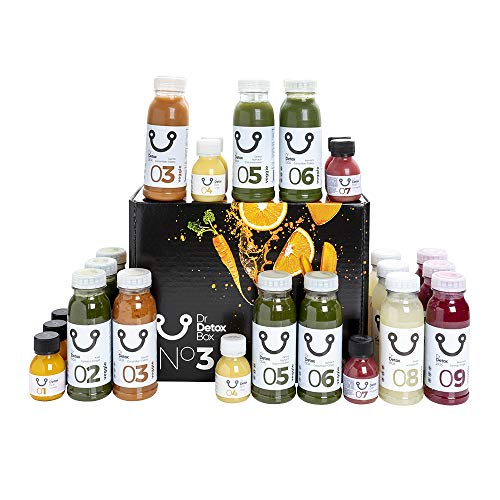DrDetoxBox Dieta de Desintoxicación 3 dias (Veggie) - 27 Zumos de Verduras Extractos frios, Purificadores, Adelgazantes, Drenantes, manual incluydo