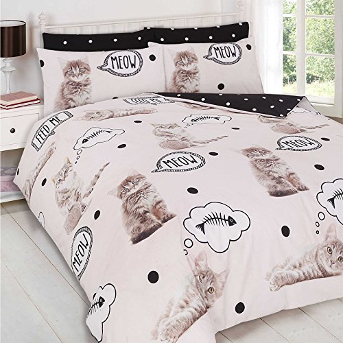 Dreamscene Animal Print Funda de edredón con funda de almohada juego de ropa de cama de gato figura de gato crema – Single