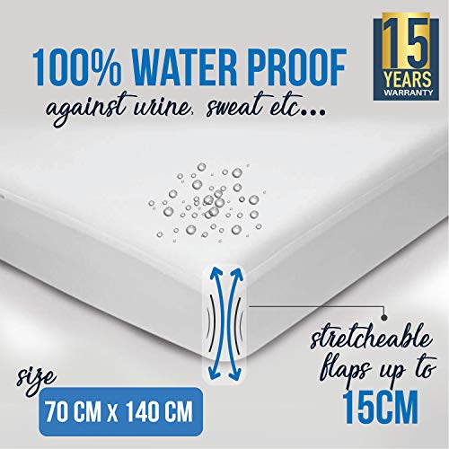Dreamzie - Protector de Colchón Cuna 70 x 140 cm Impermeable - Tela 100% Algodón Oeko Tex - Cubre Colchón Hipoalergénico, Anti-Bacteriano, Anti-Acaros - Elásticos de hasta 19cm - Made in EU