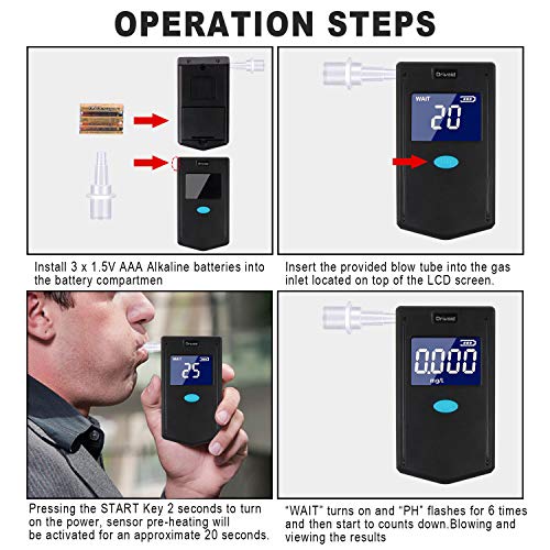 Drivaid Alcoholimetro Digital Homologado, Profesional Portátil de Alcohol con Pantalla LCD，Semi-Conductor de la Tecnología de Sensor，24 Boquillas