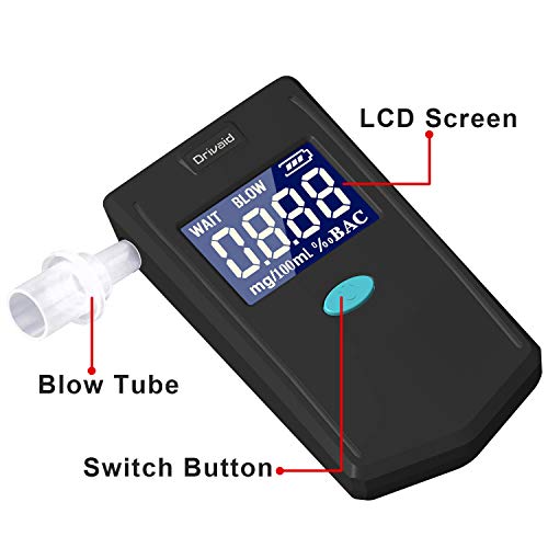 Drivaid Alcoholimetro Digital Homologado, Profesional Portátil de Alcohol con Pantalla LCD，Semi-Conductor de la Tecnología de Sensor，24 Boquillas