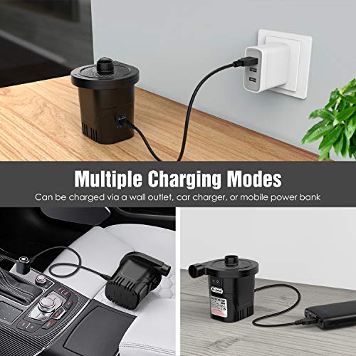 Dr.meter Inflador Electrico, Bomba de inflado eléctrica para Colchones de Aire y flotadores. Puerto USB para teléfono móvil, 3 boquillas Desmontables