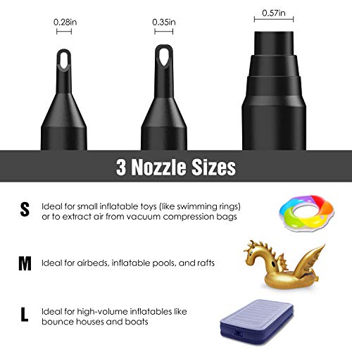 Dr.meter Inflador Electrico, Bomba de inflado eléctrica para Colchones de Aire y flotadores. Puerto USB para teléfono móvil, 3 boquillas Desmontables