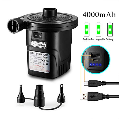 Dr.meter Inflador Electrico, Bomba de inflado eléctrica para Colchones de Aire y flotadores. Puerto USB para teléfono móvil, 3 boquillas Desmontables