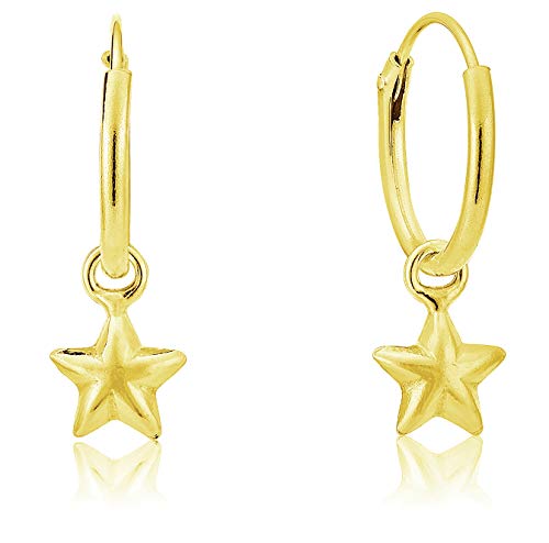 DTP Silver - Plata de Ley 925 Plateada en Oro Amarillo 18 K - Pendientes de aro con Colgantes en forma de Estrella