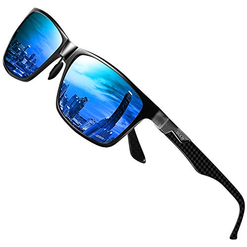 Duco Gafas de sol con montura de metal polarizadas rectangulares clásicas para hombres con templo de fibra de carbono 8206 (Lentes azul marco negro)