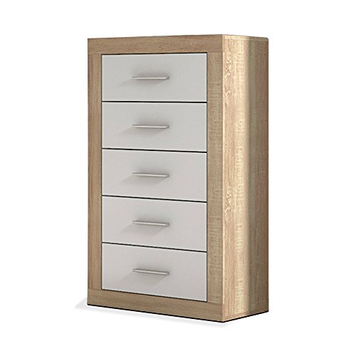 duehome HomeSouth - Sinfonier 5 cajones, Comoda chinfonier Dormitorio Modelo Lara, Color Cambria y Blanco, Medidas: 60 cm (Ancho) x 106,5 cm (Alto) x 39,6 cm (Fondo)