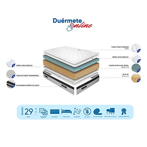 Duérmete Online - Colchón Viscoelástico Nature Biogel | Altura 29cm | Confort Máximo | Tejido Termorregulador, 135x200