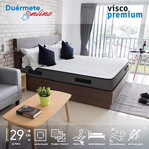 Duérmete Online Colchón Viscoelástico Visco Premium Biogel | Altura 29cm | Alto Confort y Máxima Higiene | Tejido Sanex Antibacteriano, Gel, 180x180