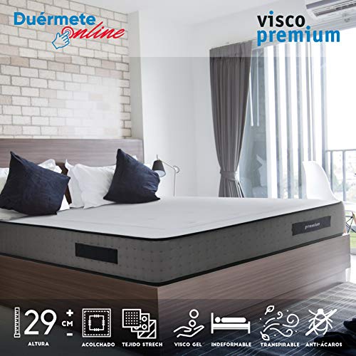 Duérmete Online Colchón Viscoelástico Visco Premium Biogel | Altura 29cm | Alto Confort y Máxima Higiene | Tejido Sanex Antibacteriano, Gel, 180x180