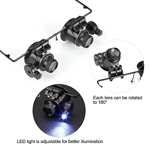 Duevin Lentes para Ojos Lupa 20x Lupa Gafas Dobles con Lupa LED 20 X Lupa de Cabeza Lupa para reparación de Relojes de joyería manicura de Tatuajes y Otros exámenes cuidadosos
