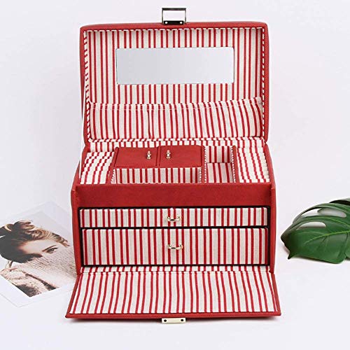 Dujie - Caja de almacenamiento grande para joyas, organizador de viaje de piel sintética con espejo de maquillaje para pendientes, collares, anillos, pulseras, regalo (rojo)