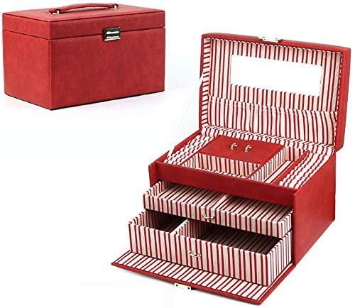Dujie - Caja de almacenamiento grande para joyas, organizador de viaje de piel sintética con espejo de maquillaje para pendientes, collares, anillos, pulseras, regalo (rojo)