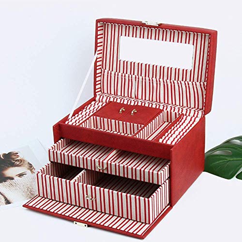 Dujie - Caja de almacenamiento grande para joyas, organizador de viaje de piel sintética con espejo de maquillaje para pendientes, collares, anillos, pulseras, regalo (rojo)