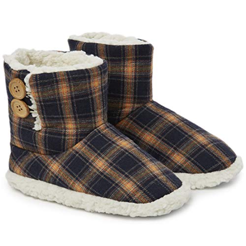 Dunlop Zapatillas Casa Hombre | Zapatillas Altas Calienta Pies Invierno Cerradas Hombre | Pantuflas de Casa | Zapatillas Forradas de Borreguito Suela de Goma Dura (44 EU, Azul Marino y Mostaza)