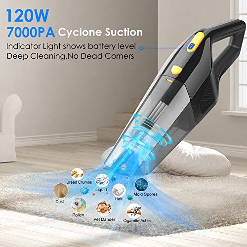 Duomishu Aspirador de Coche 3 en 1 Portatil, 120W/7000PA Potente Aspirador de Mano Inalámbrico en Seco y Humedo, 3 * 2200mAh Batería y Bajo Ruido con Filtro HEPA para el Hogar/Automóvil (Negro)