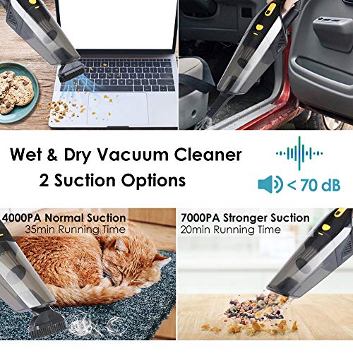 Duomishu Aspirador de Coche 3 en 1 Portatil, 120W/7000PA Potente Aspirador de Mano Inalámbrico en Seco y Humedo, 3 * 2200mAh Batería y Bajo Ruido con Filtro HEPA para el Hogar/Automóvil (Negro)