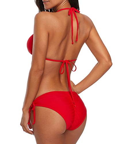 Durio Bikini para mujer, push up sexy, 2 piezas, bikini con triángulo, braguita ancha de cuerpo ajustable rojo 40