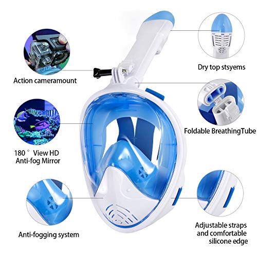 E-MANIS Máscara de Buceo Doble Antivaho 180 ° Vista Panorámico Cara Completa Respirar Gafas Snorkel Anti-Fugas Plegable con Cámara Acuatica Deportiva la Soporte, para Adultos y Niños S/M - Blanco Azul
