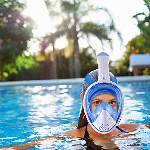 E-MANIS Máscara de Buceo Doble Antivaho 180 ° Vista Panorámico Cara Completa Respirar Gafas Snorkel Anti-Fugas Plegable con Cámara Acuatica Deportiva la Soporte, para Adultos y Niños S/M - Blanco Azul