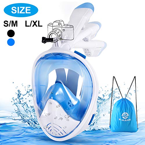 E-MANIS Máscara de Buceo Doble Antivaho 180 ° Vista Panorámico Cara Completa Respirar Gafas Snorkel Anti-Fugas Plegable con Cámara Acuatica Deportiva la Soporte, para Adultos y Niños S/M - Blanco Azul