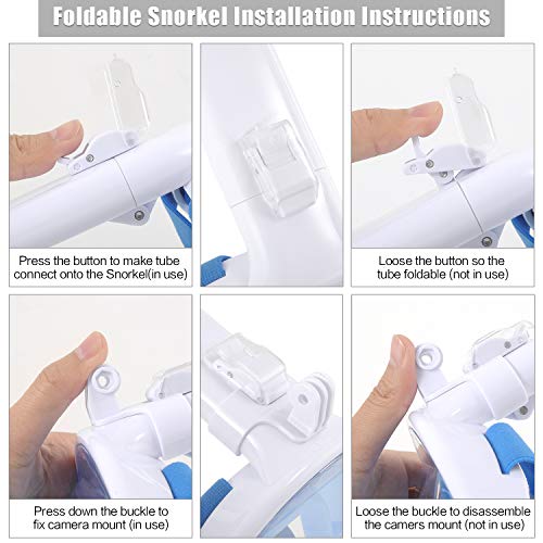 E-MANIS Máscara de Buceo Doble Antivaho 180 ° Vista Panorámico Cara Completa Respirar Gafas Snorkel Anti-Fugas Plegable con Cámara Acuatica Deportiva la Soporte, para Adultos y Niños S/M - Blanco Azul