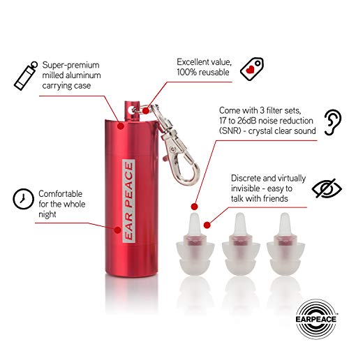 EarPeace HD Tapones de Oídos para Conciertos - Protección Auditiva de Alta Fidelidad para Festivales, DJs y Músicos (Standard, Red Case)