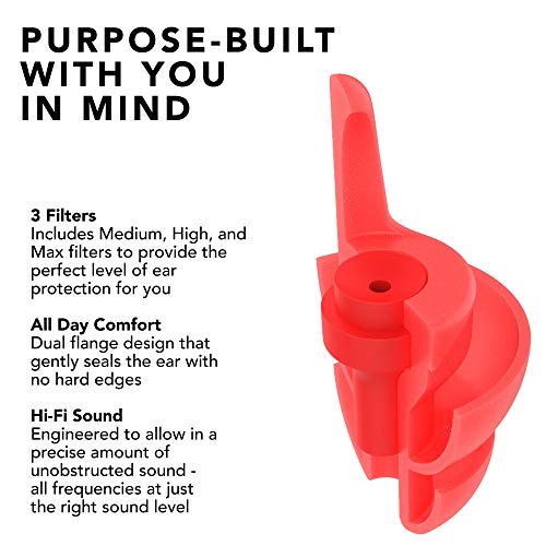 EarPeace Tapones de Oídos de Seguridad - Reducción de Ruido y Protección de Audición de Alta Fidelidad para Proyectos, Construcción y Ambientes de Ruidos Altos (Standard, Red Case)