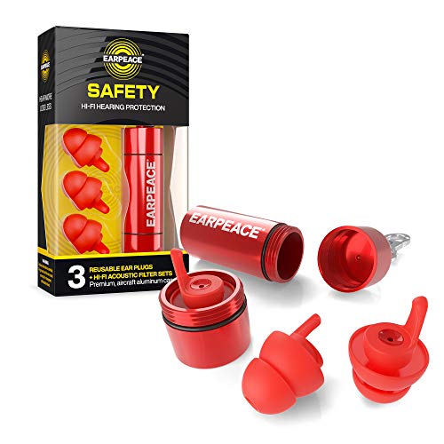EarPeace Tapones de Oídos de Seguridad - Reducción de Ruido y Protección de Audición de Alta Fidelidad para Proyectos, Construcción y Ambientes de Ruidos Altos (Standard, Red Case)