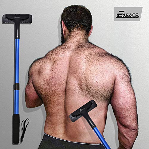 EASACE Afeitadora Espalda Afeitadora Corporal para Hombres, Depilación Corporal con Mango Largo 54.5cm Ajustable, Curvo DIY Peluquero Afeitadora Sin Dolor con 3 Durable Cuchilla Repuesto (Azul)