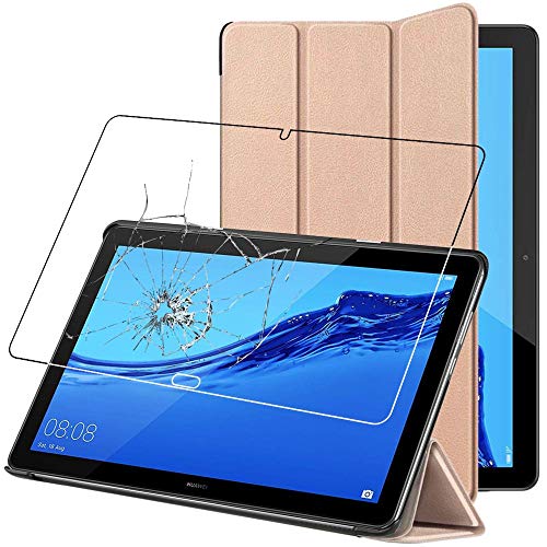 ebestStar - Funda Compatible con Huawei MediaPad M5 Lite 10.1 Carcasa Cuero PU y Silicona, Smart Cover Reposo Automático, Dorado +Cristal Templado [M5 Lite 10.1: 243.4 x 162.2 x 7.7mm, 10.1'']