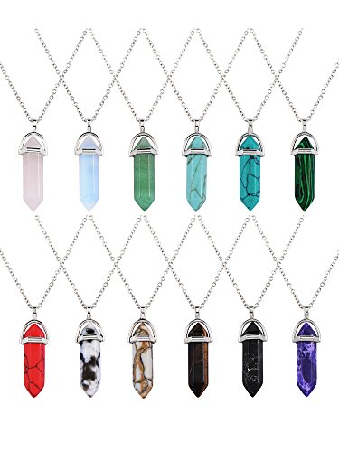 eBoot 12 Piezas Colgante de Cristal Hexagonal Collar de Cadena Collar con Piedra de Cuarzo con Bolsa de Almacenaje, 12 Colores