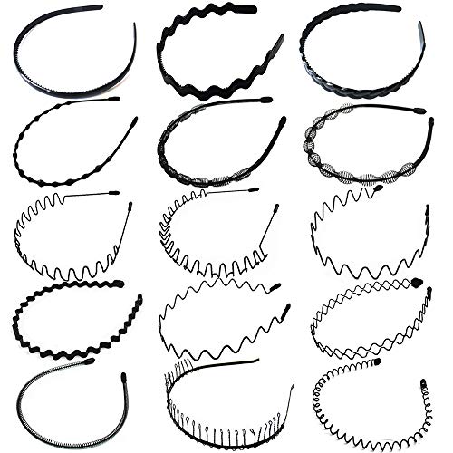 ECANGO 15PCS Unisex Metal Diadema Elástica Spring Wave Hair Hoop Bandas Negro Para Hombres Mujeres, Deportes En Forma De Onda Headwear No Slip Accesorios Para El Cabello