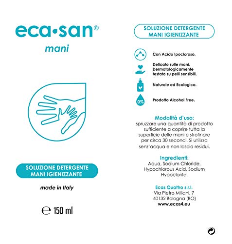 ECASAN® Manos - Detergente higienizante a base de ácido hipocloroso. Higieniza en profundidad sin resecar la piel. Hidratante, calmante, biocompatible e hipoalergénico, dermatológicamente probado.