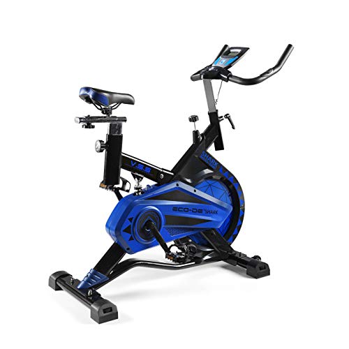 ECO-DE Bicicleta Spinning Shark. Uso semiprofesional con pulsómetro, Pantalla LCD y Resistencia Variable. Estabilizadores. Completamente Regulable.Rueda de inercia de 20kgrs