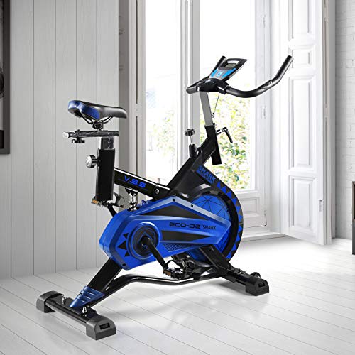 ECO-DE Bicicleta Spinning Shark. Uso semiprofesional con pulsómetro, Pantalla LCD y Resistencia Variable. Estabilizadores. Completamente Regulable.Rueda de inercia de 20kgrs