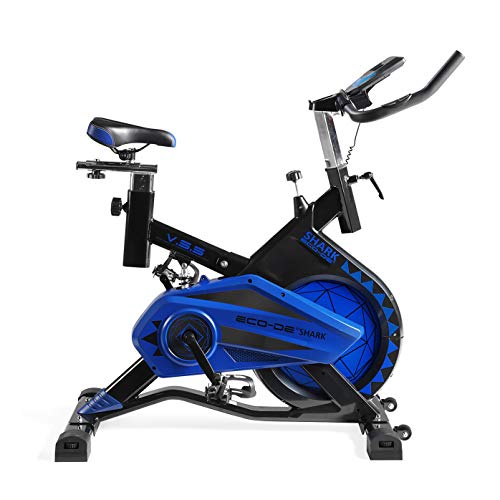 ECO-DE Bicicleta Spinning Shark. Uso semiprofesional con pulsómetro, Pantalla LCD y Resistencia Variable. Estabilizadores. Completamente Regulable.Rueda de inercia de 20kgrs