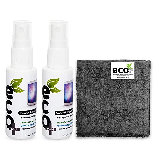 Ecomoist - Limpiador de Pantalla Natural (2 x 30 ml, Toalla de Microfibra Fina para LCD, TFT, Plasma, computadora, portátil, Pantalla táctil, Tableta, Producto ecológico), Color Verde