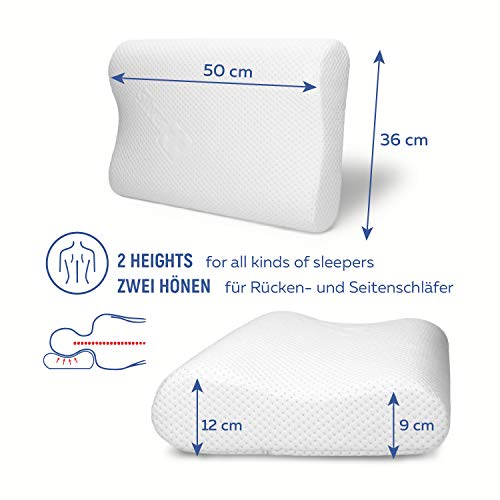 EcoNight - Almohada de espuma viscoelástica para el cuello, antironquidos, almohada ortopédica ergonómica, 50 x 36 cm, OEKO-TEX, hipoalergénica, de apoyo suave, Blanco, 50x36 cm