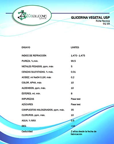 Ecosoluciones Químicas ECO-905 | 5 litros | Glicerina Vegetal Líquida (glicerol). Grado farmacéutico 99,5%