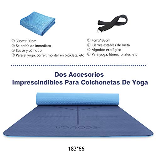 ECOUGA Colchoneta de Yoga Antideslizante con Línea Corporal para Pilates Ejercicio con Banda Tensión Toalla de Hielo Sin PVC Eco Friendly y Duradera 183x66cmx6mm (Azul)
