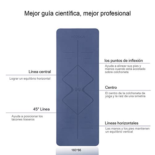 ECOUGA Colchoneta de Yoga Antideslizante con Línea Corporal para Pilates Ejercicio con Banda Tensión Toalla de Hielo Sin PVC Eco Friendly y Duradera 183x66cmx6mm (Azul)