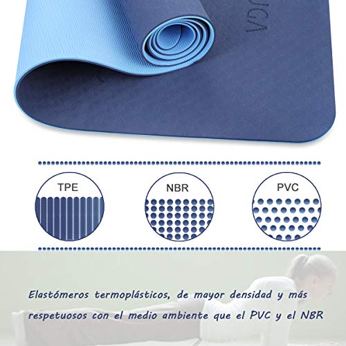 ECOUGA Colchoneta de Yoga Antideslizante con Línea Corporal para Pilates Ejercicio con Banda Tensión Toalla de Hielo Sin PVC Eco Friendly y Duradera 183x66cmx6mm (Azul)
