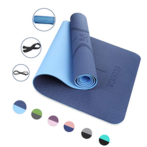 ECOUGA Colchoneta de Yoga Antideslizante con Línea Corporal para Pilates Ejercicio con Banda Tensión Toalla de Hielo Sin PVC Eco Friendly y Duradera 183x66cmx6mm (Azul)