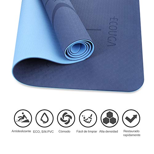 ECOUGA Colchoneta de Yoga Antideslizante con Línea Corporal para Pilates Ejercicio con Banda Tensión Toalla de Hielo Sin PVC Eco Friendly y Duradera 183x66cmx6mm (Azul)