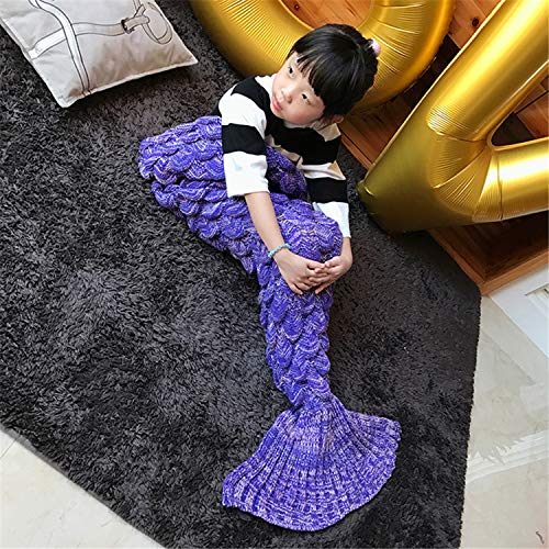 eCrazyBaby Hecho a Mano de Punto Manta de Cola de Sirena, Todas Las Estaciones cálido sofá Cama Sala de Estar Manta para niños, Patrón de Fish-Escalas, 140 x 70 cm, Morado