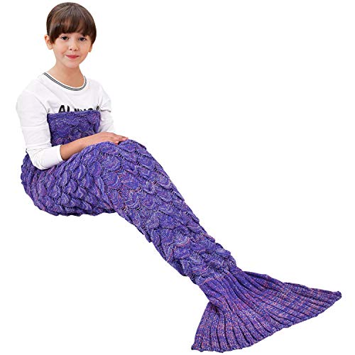 eCrazyBaby Hecho a Mano de Punto Manta de Cola de Sirena, Todas Las Estaciones cálido sofá Cama Sala de Estar Manta para niños, Patrón de Fish-Escalas, 140 x 70 cm, Morado